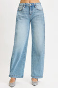Mid Rise Wide Barrel Transferable Leg Snap Jeans in Medium for Women