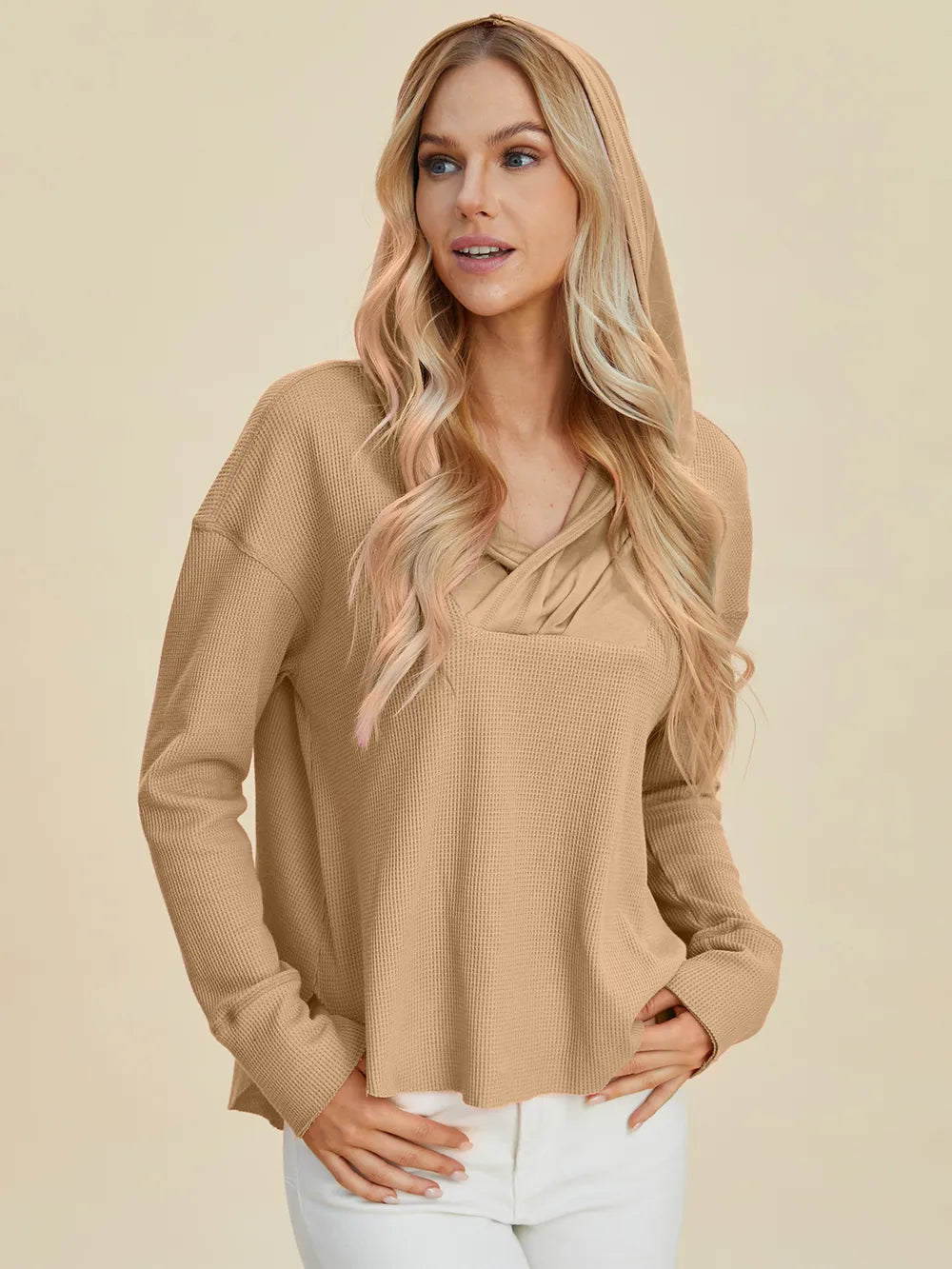 Plus Size High-Low Dropped Shoulder Long Sleeve Hoodie in Camel for Women