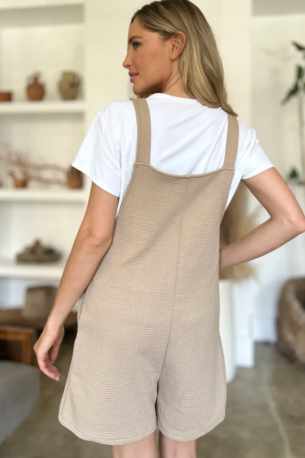 Plus Size Texture Sleeveless Romper in Khaki for Women
