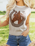Horse Shoe Print Color Block Trim Round Neck Sleeveless Sweater in Khaki for Women