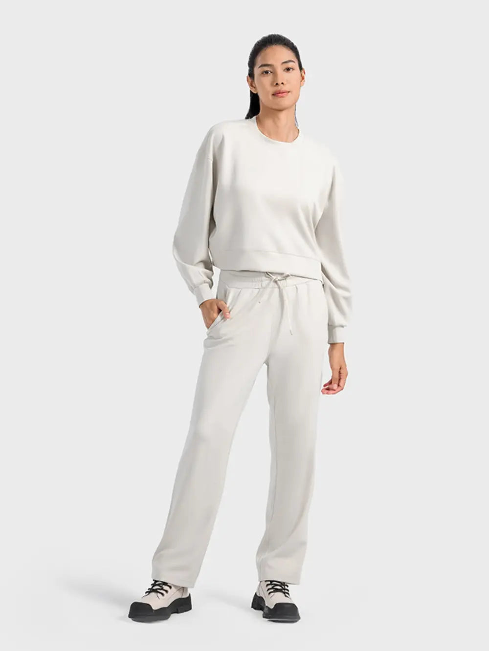 Round Neck Drop Shoulder Sports Top in Dark Blue for Women