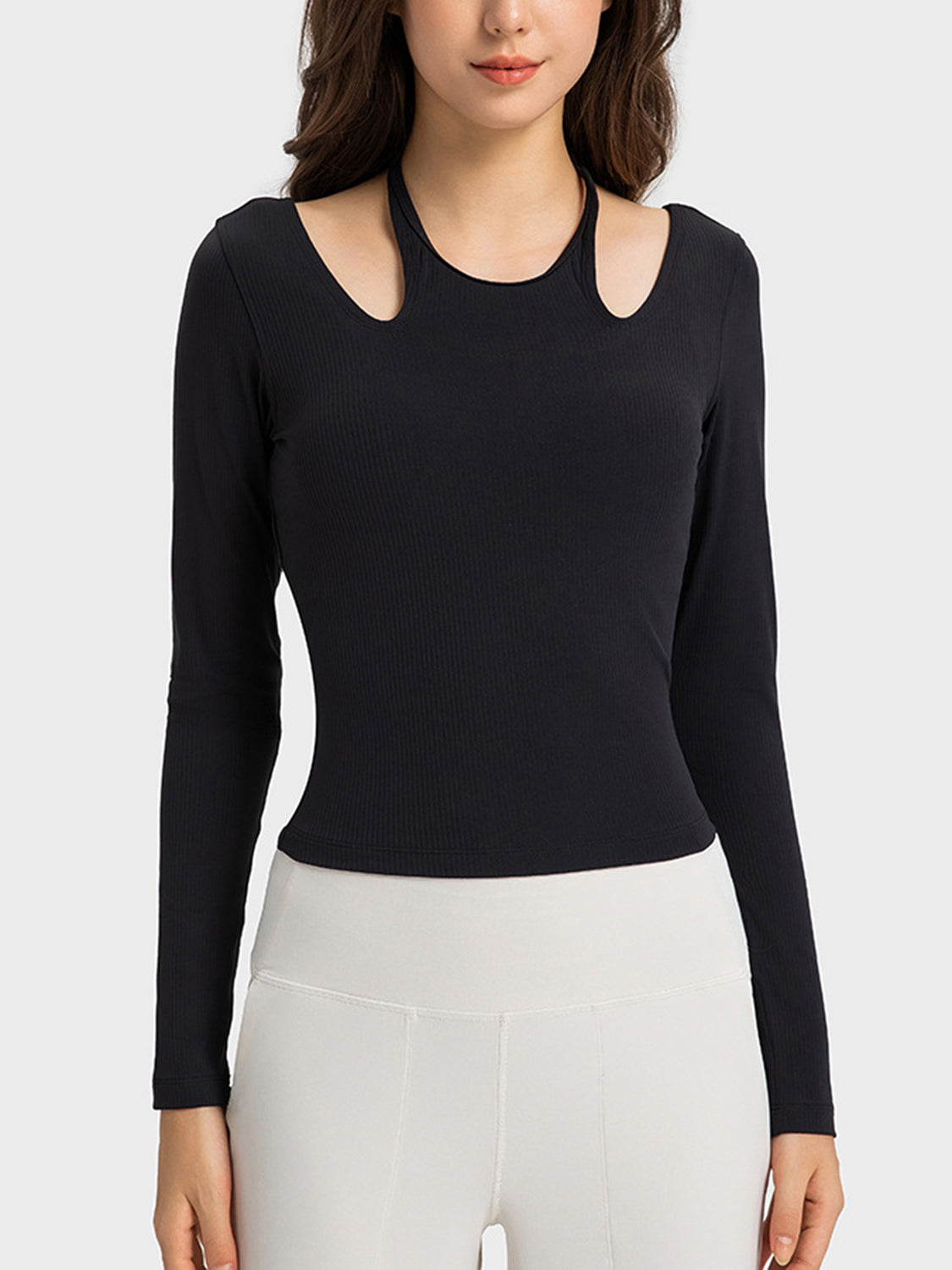 Halter Neck Long Sleeve Sporty Top in Yellow-Green for Women