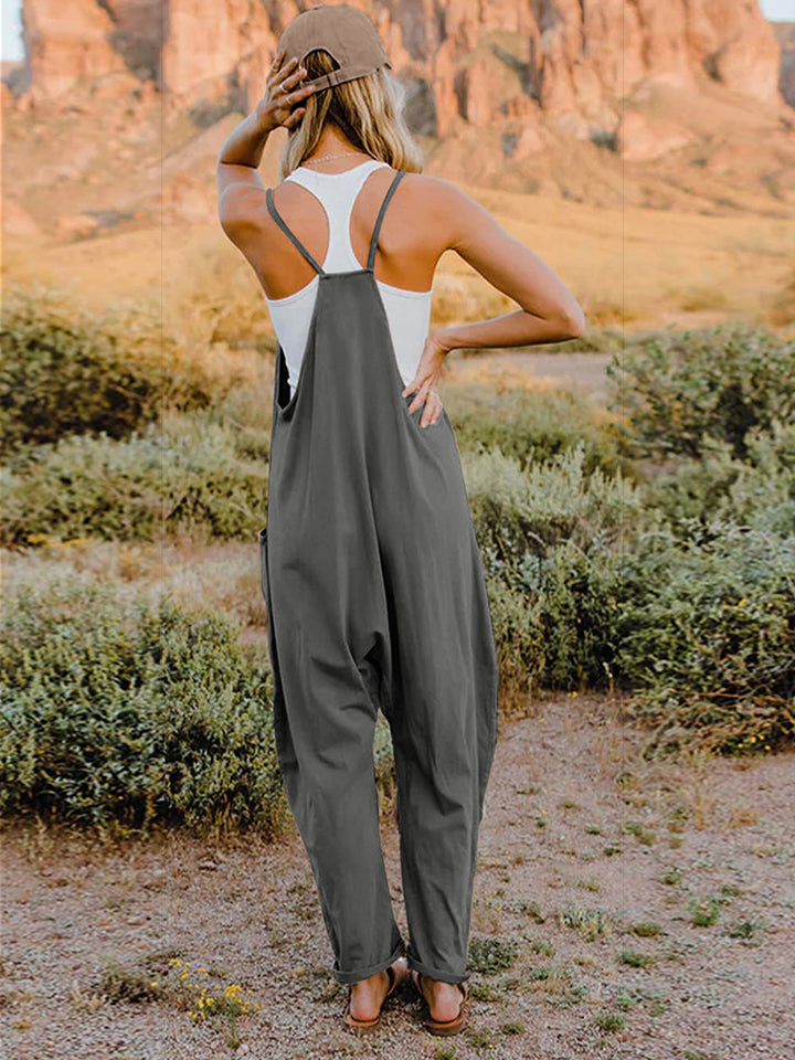 Plus Size Sleeveless V-Neck Pocketed Jumpsuit in Dark Gray for Women