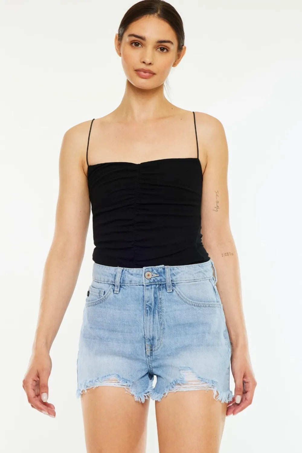 Raw Hem Distressed High Waist Denim Shorts in Light for Women