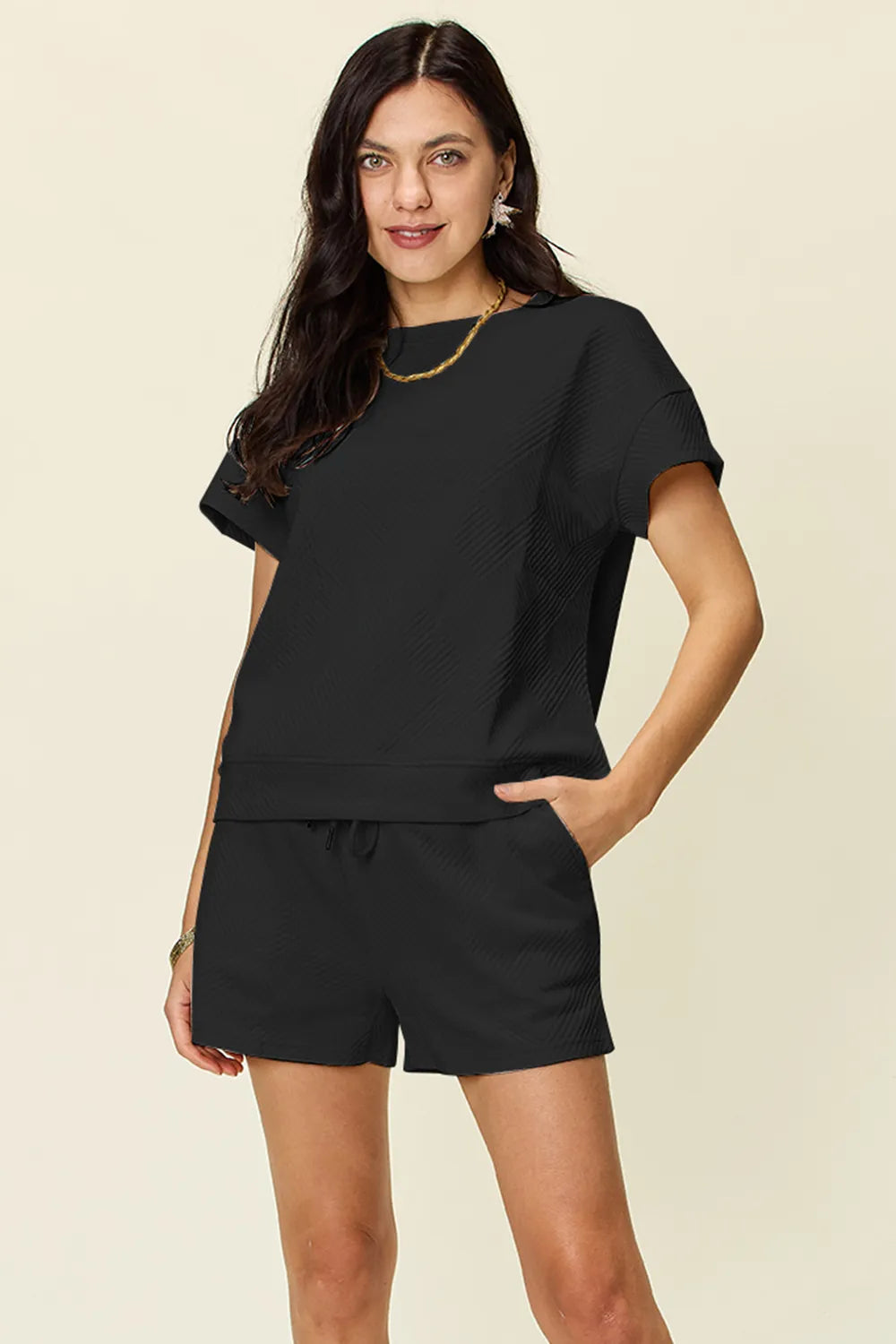 Plus Size Texture Short Sleeve T-Shirt and Drawstring Shorts Set in Mocha in Black for Women