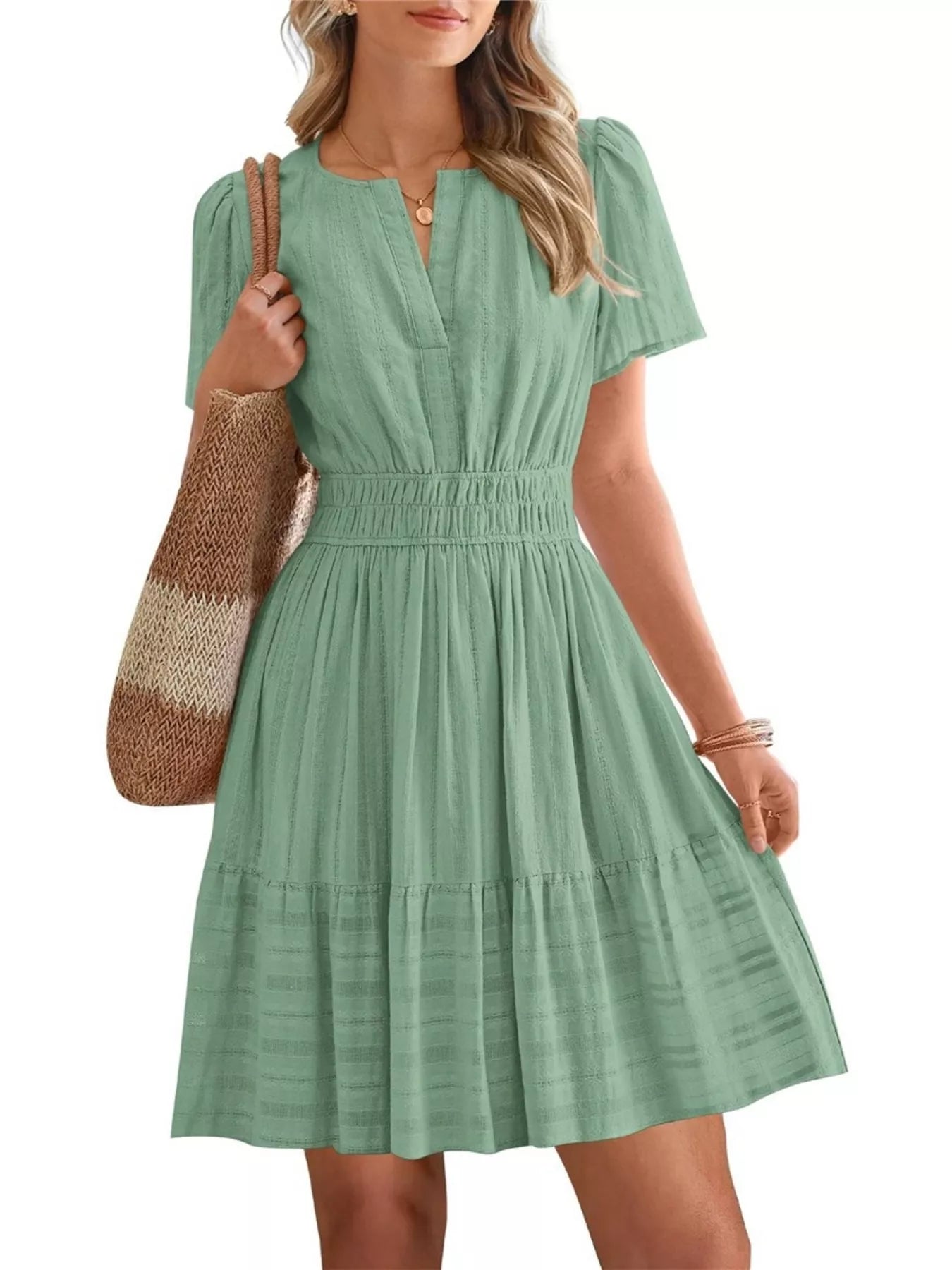 Short Sleeve Smocked Waist Tiered Dress in Light Blue for Women