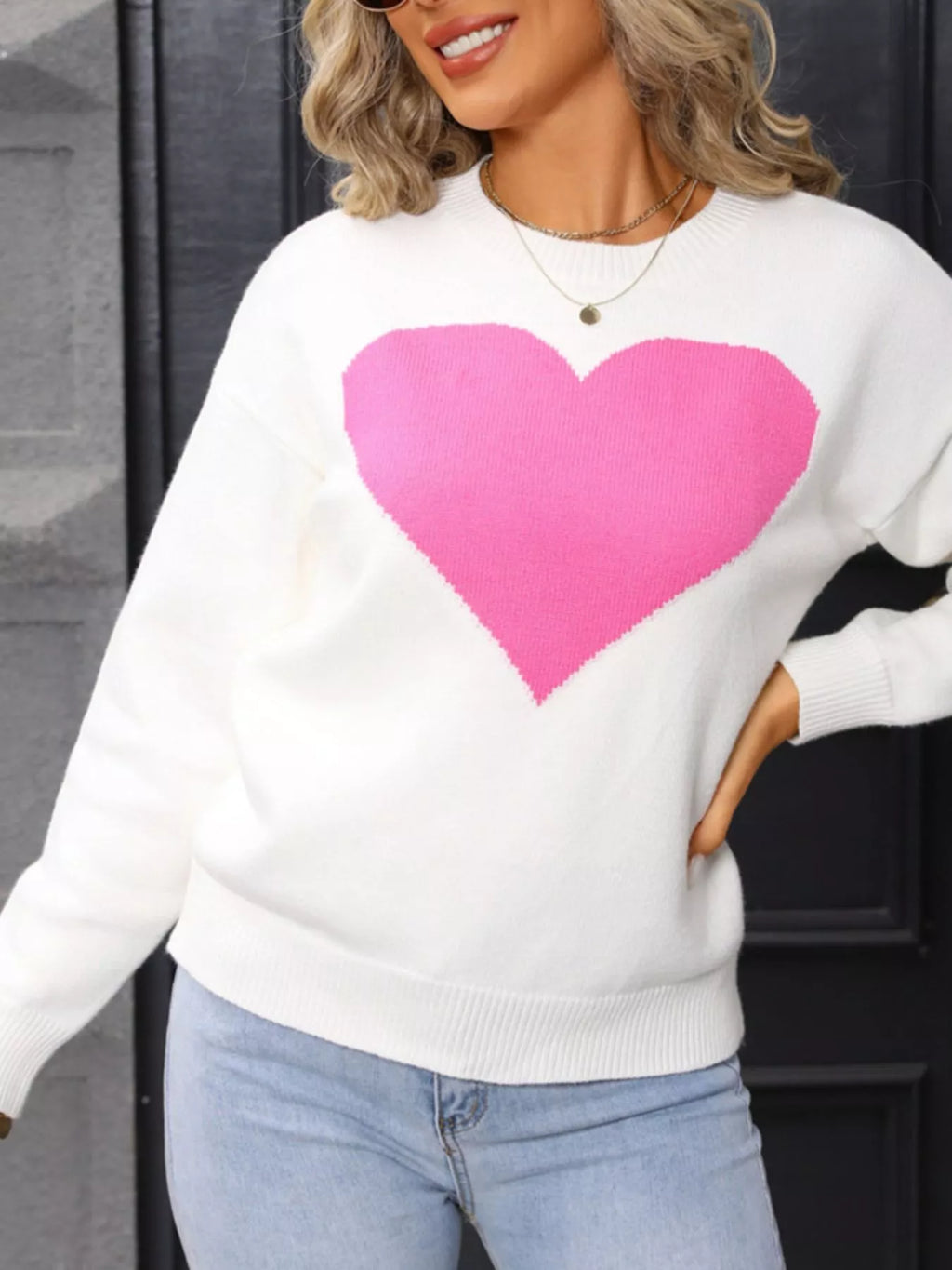 Valentines Day Heart Round Neck Dropped Shoulder Sweater in White in Red for Women