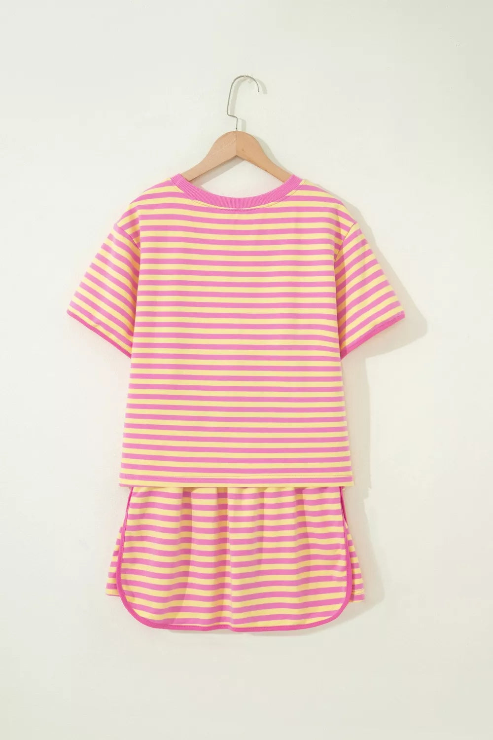 Striped Round Neck Tee and Shorts Casual Set in Blush Pink for Women