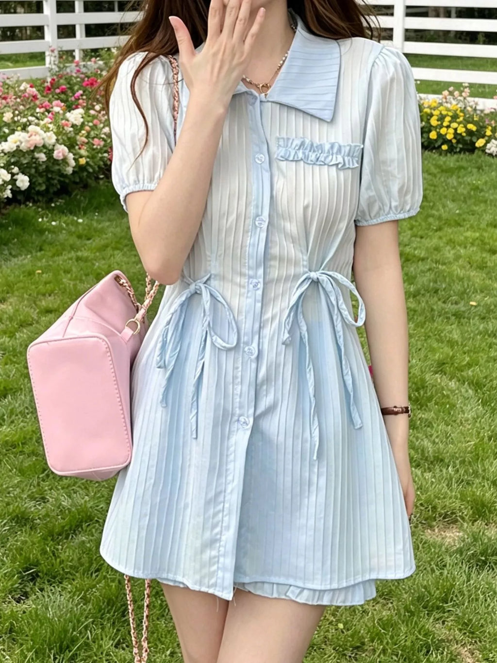 Tied Button Up Shirt and Shorts Set in Light Blue for Women