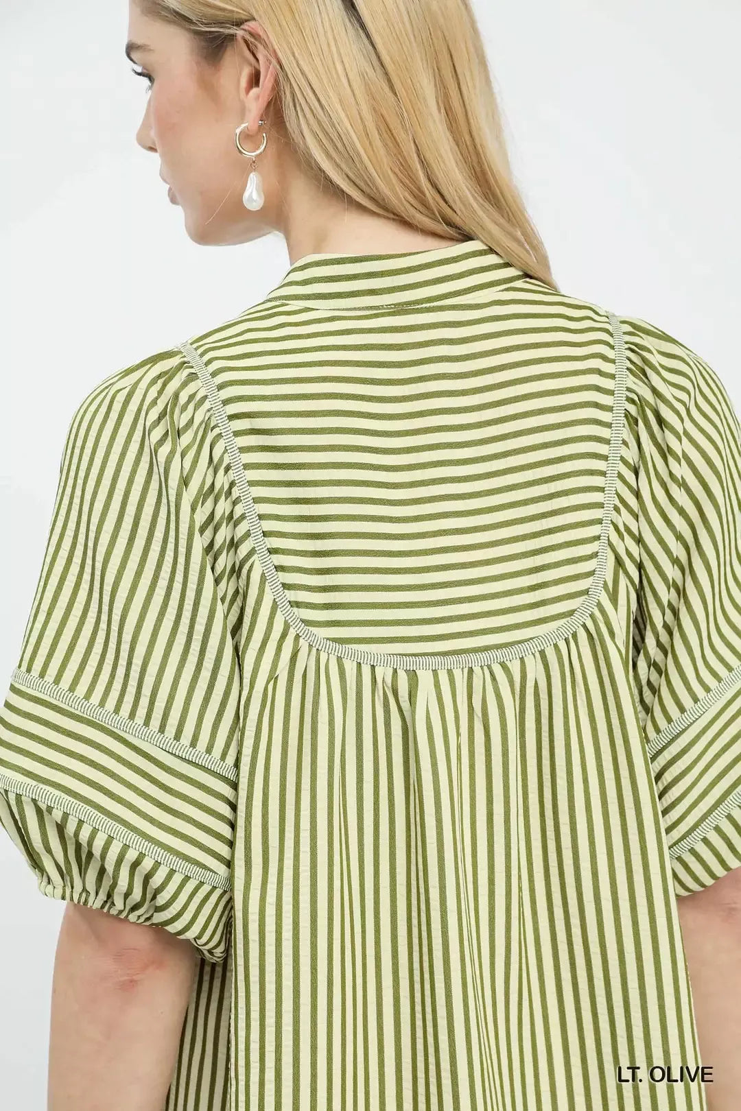 Striped Puff Sleeve Shift Dress in Light Olive for Women