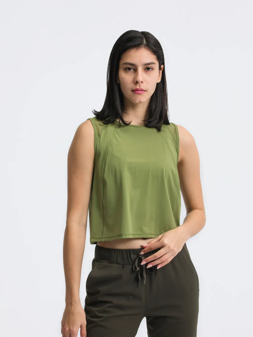 Round Neck Cropped Active Tank in Gold for Women