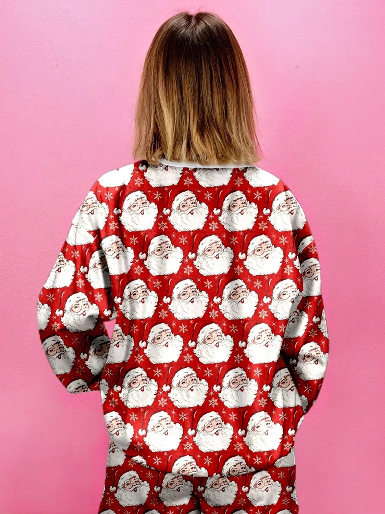 Christmas Santa Print Round Neck Top and Shorts Lounge Set in Deep Red for Women