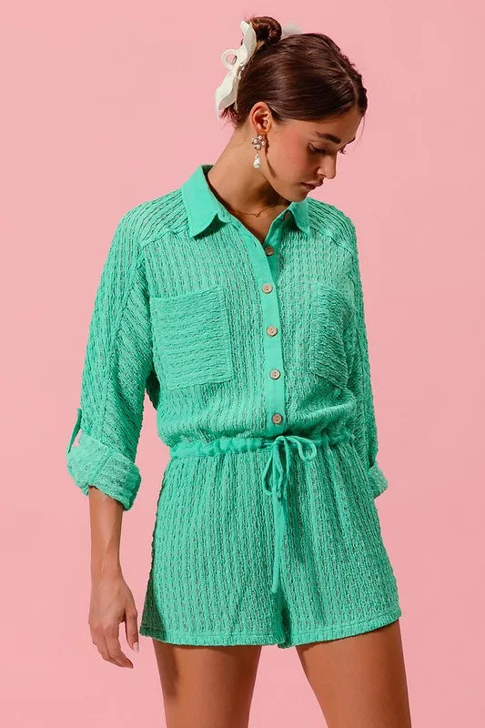 Textured Knit Button Front Romper in Mint for Women