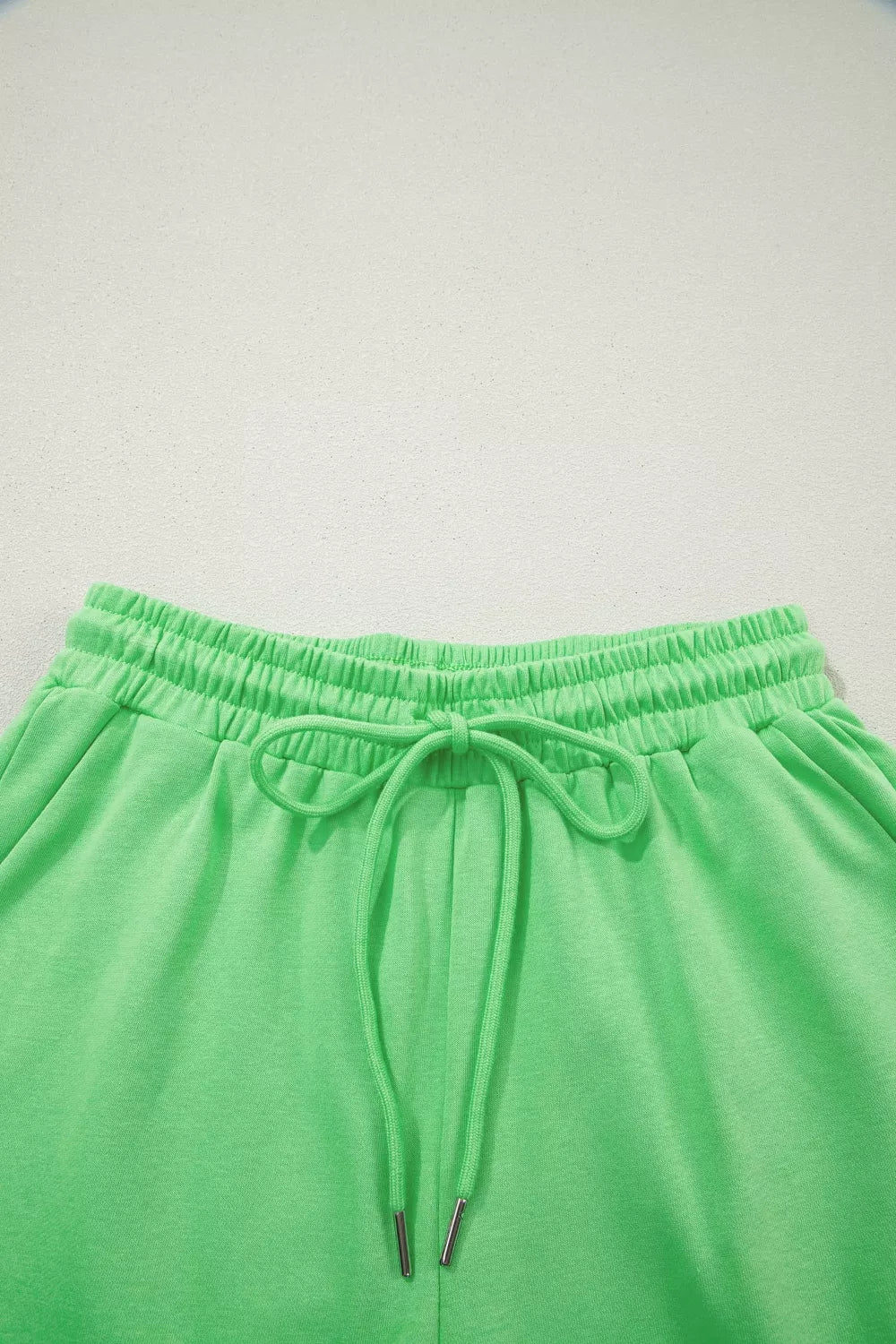 Solid Color Puffy Loose Top Drawstring Shorts Two-Piece Outfit for Women