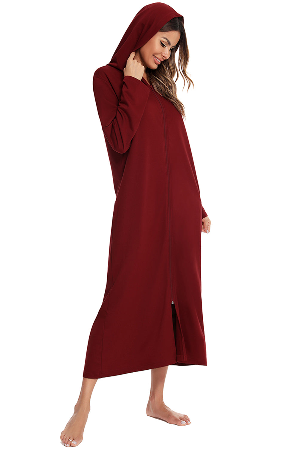 Zip Front Hooded Night Dress with Pockets in Light Gray in Charcoal for Women