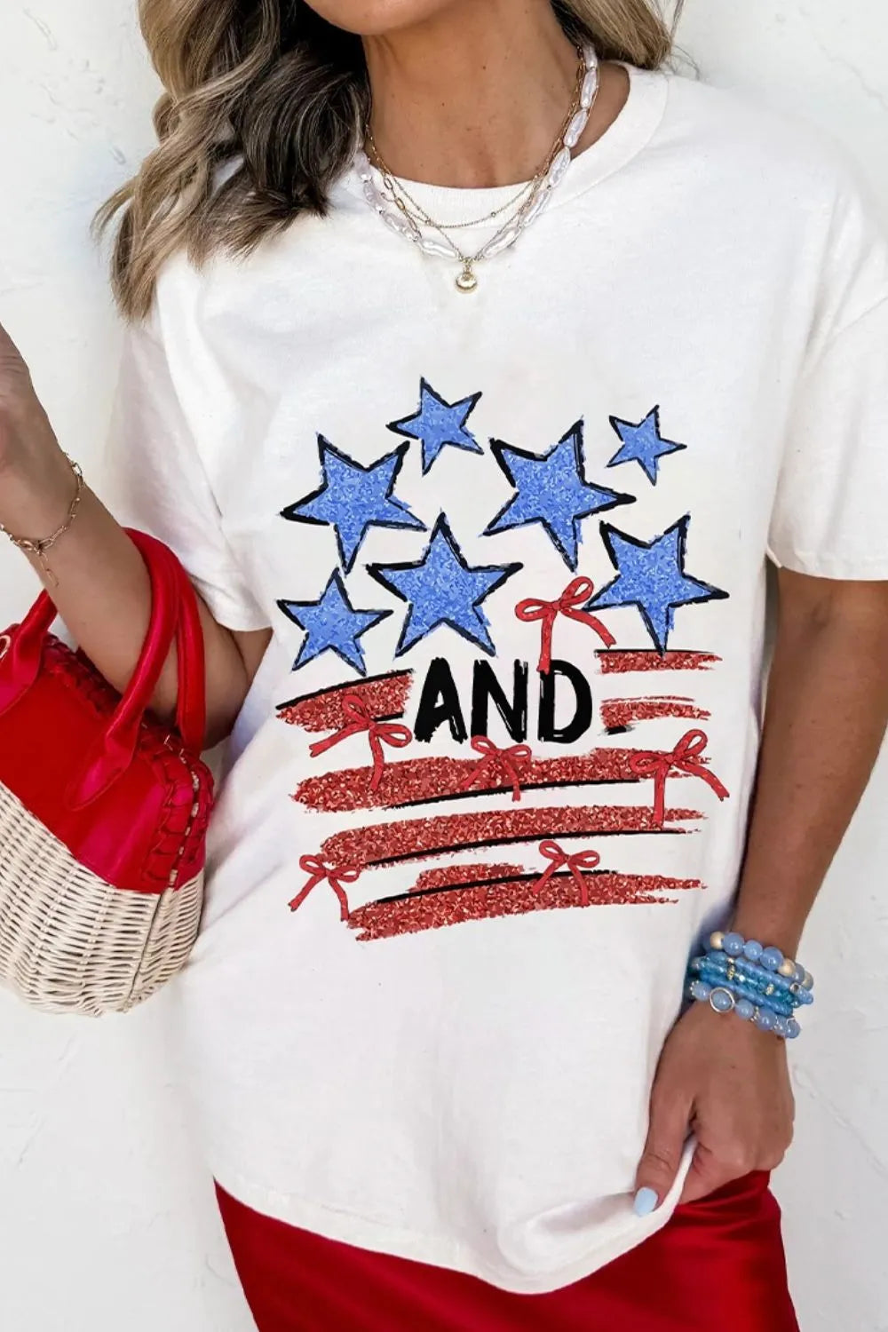 Stars and Stripes Bow Graphic T-Shirt in White for Women