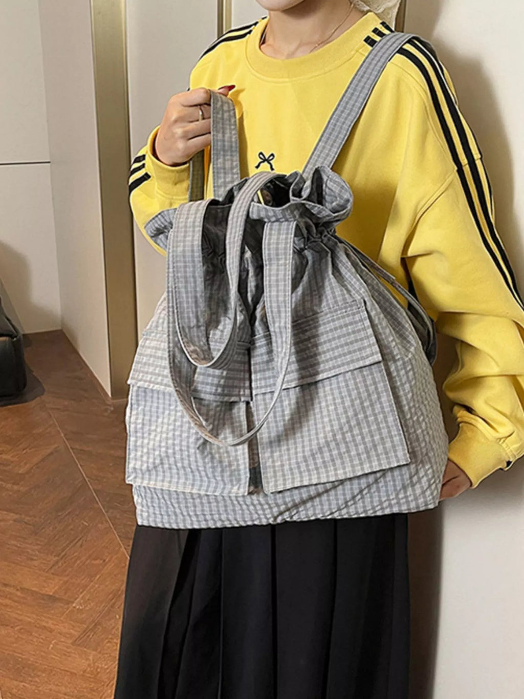 Convertible Plaid Drawstring Backpack Bag for Women