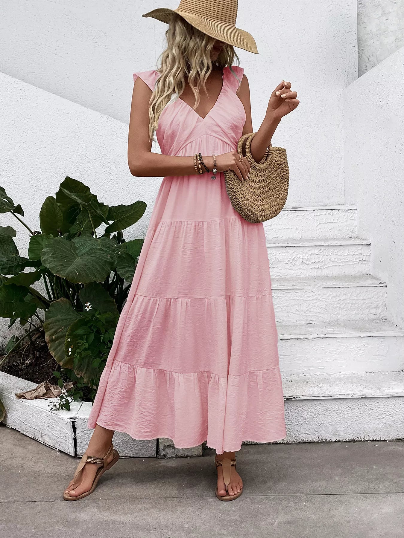 V-Neck Tiered Dress with Flutter Sleeves for Women