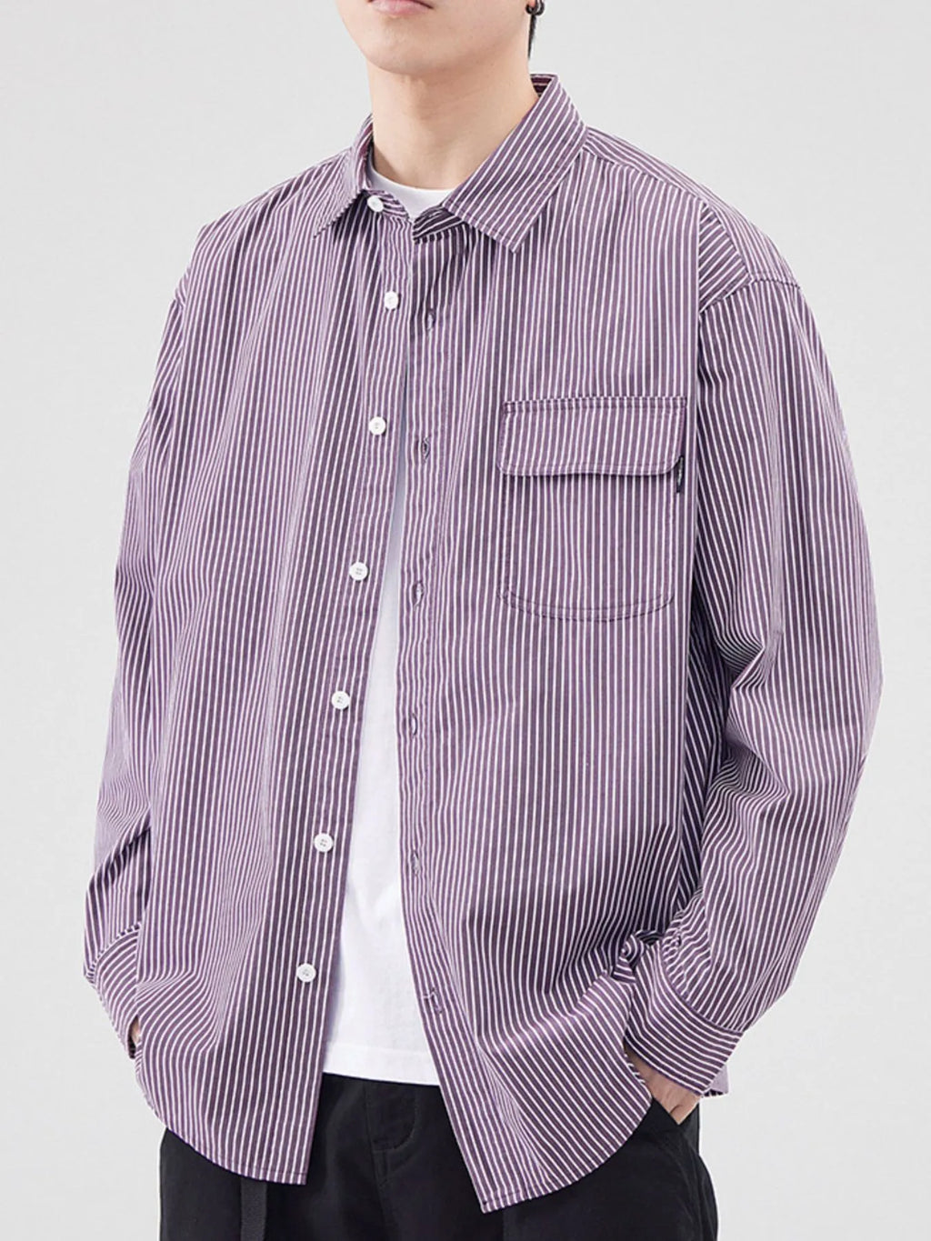 Plus Size Striped Button Up Long Sleeve Shirt in Blue for Men