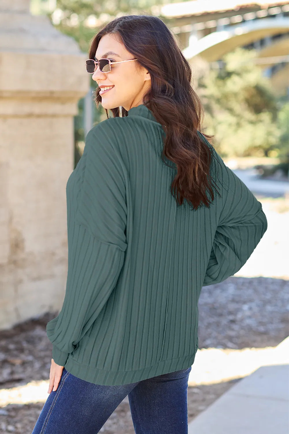 Plus Size Ribbed Exposed Seam Mock Neck Knit Top in Turquoise for Women