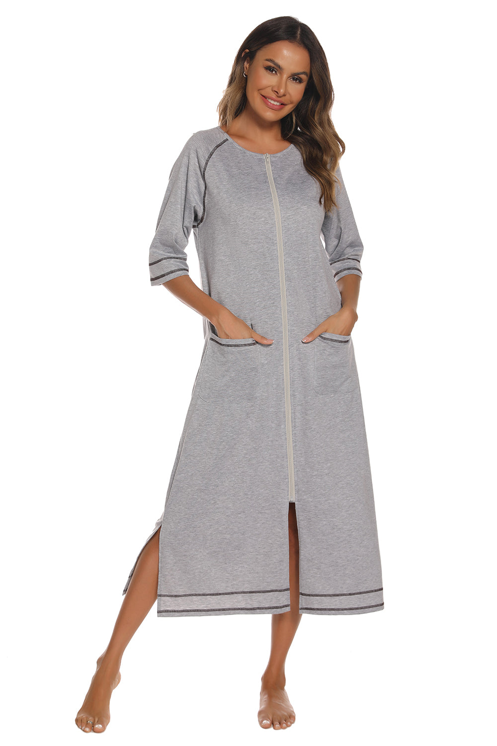 Zip Up Slit Round Neck Night Dress with Pockets in Dark Navy for Women