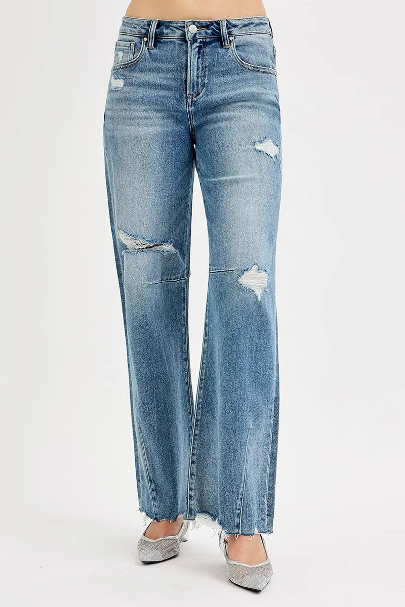 Mid Rise Fit Wide Baggy Leg Tie Washed Jeans Plus Size in Medium for Women