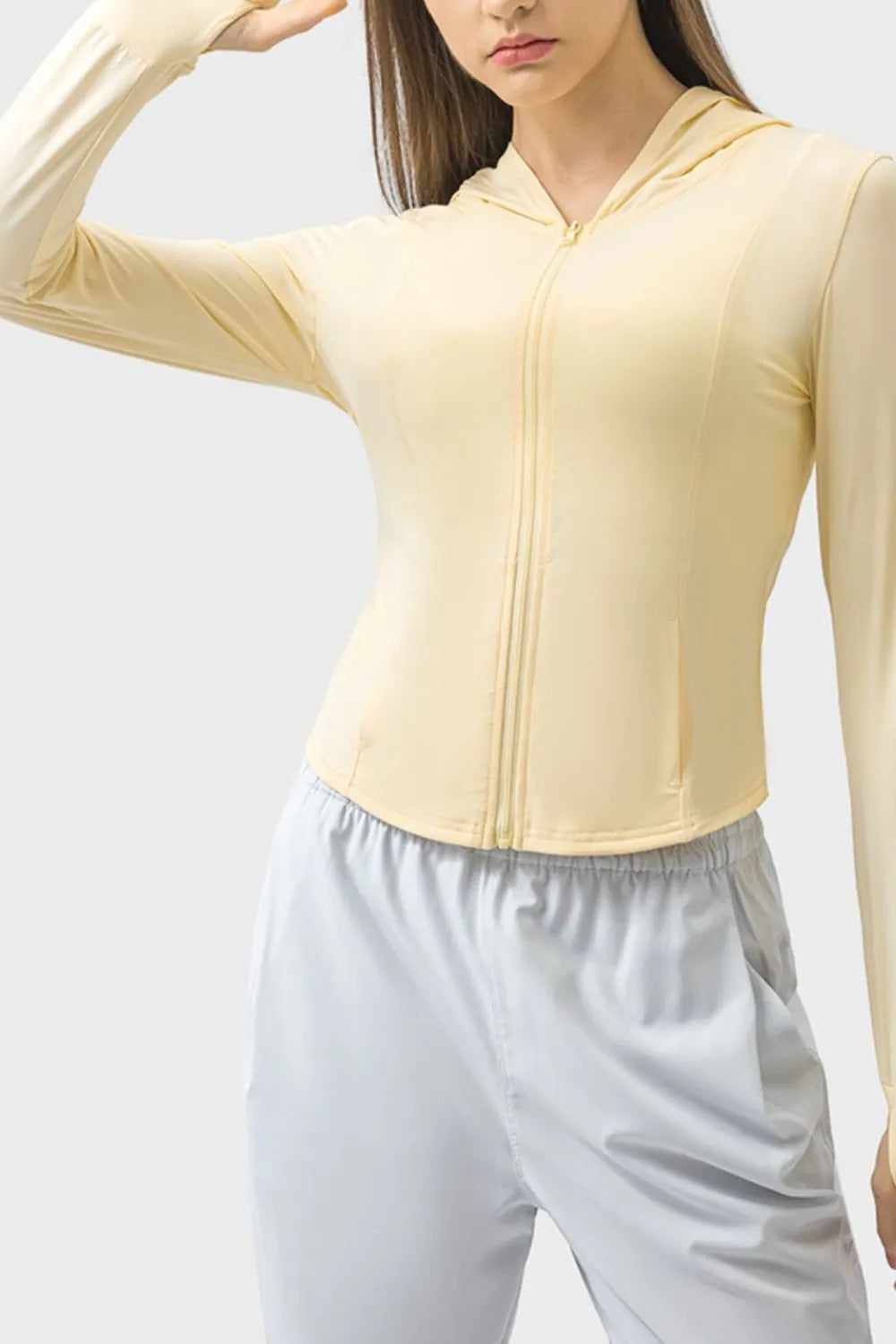 Pocketed Zip Up Hooded Long Sleeve Active Outerwear in Light Yellow for Women