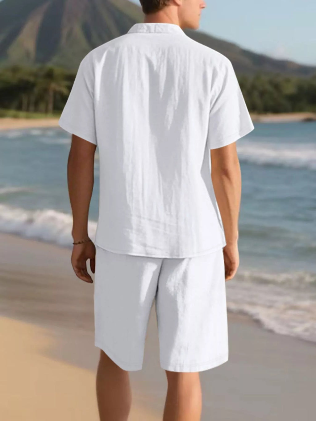 Casual Button Up Shirt and Shorts Set Plus Size in Black for Men