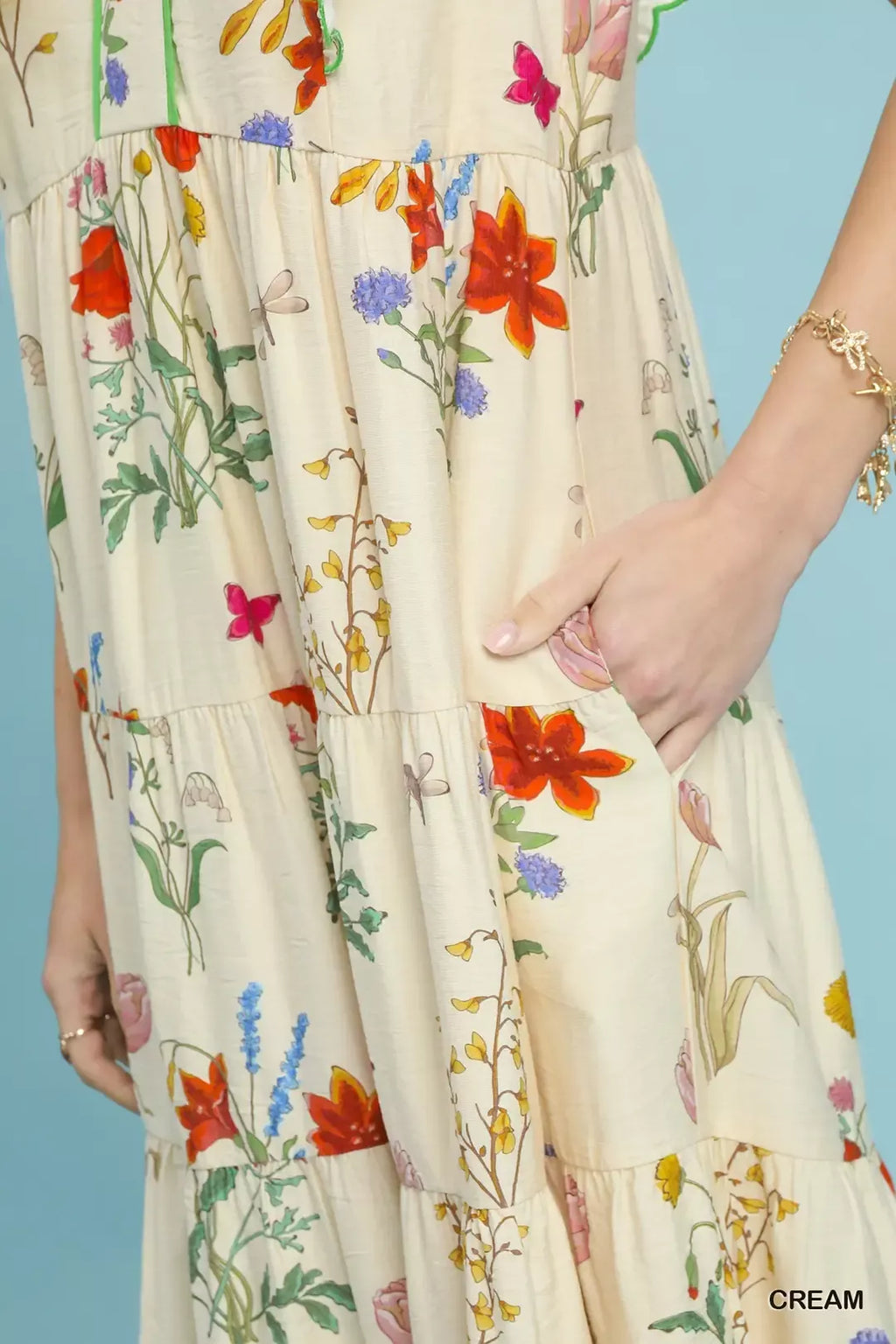 Floral Ruffle Tiered Midi Dress with Scalloped Detail for Women