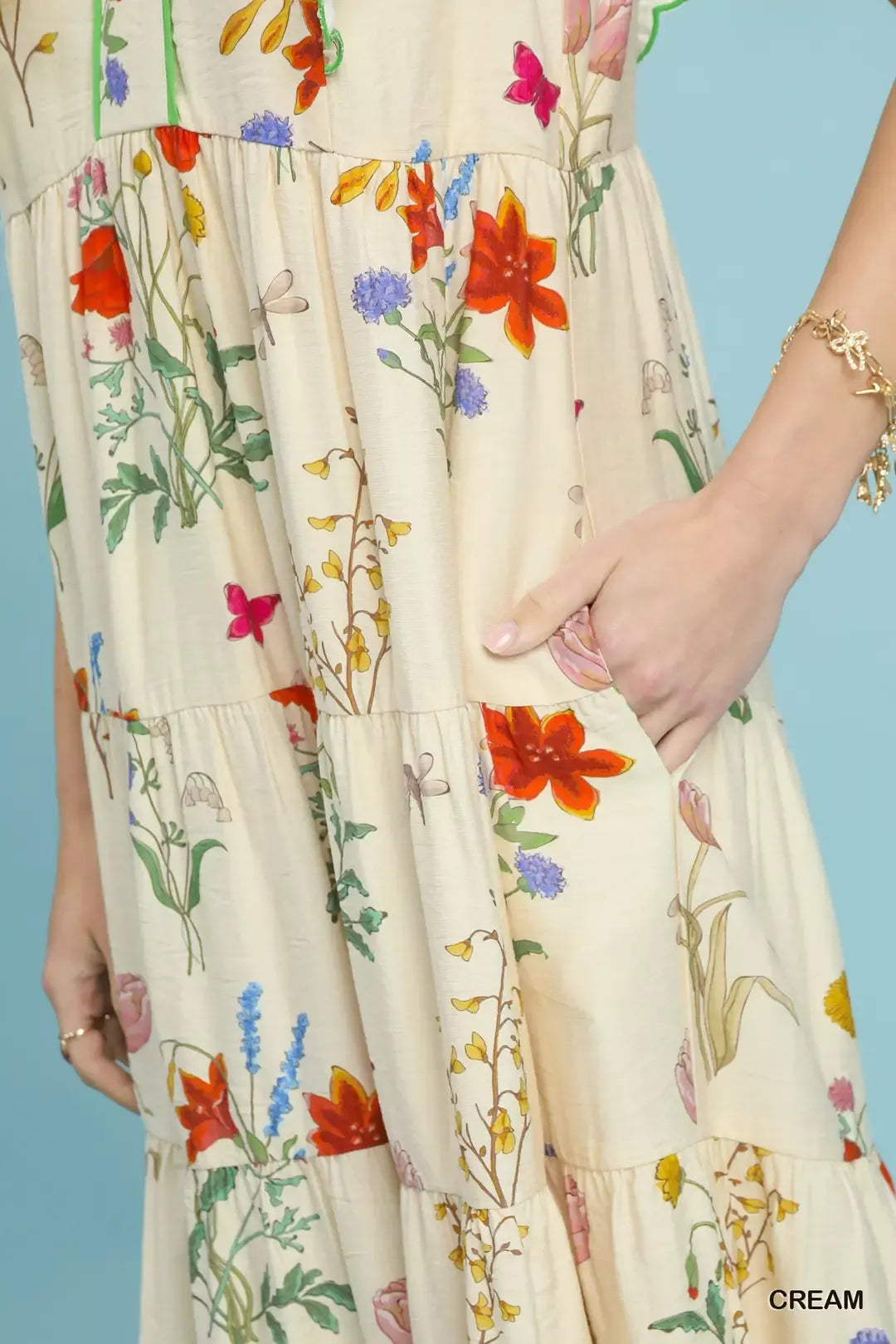 Floral Ruffle Tiered Midi Dress with Scalloped Detail for Women