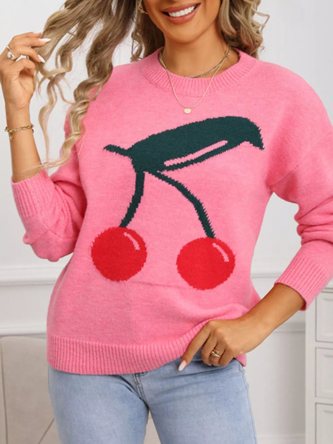 Cherry Round Neck Sweater for Women