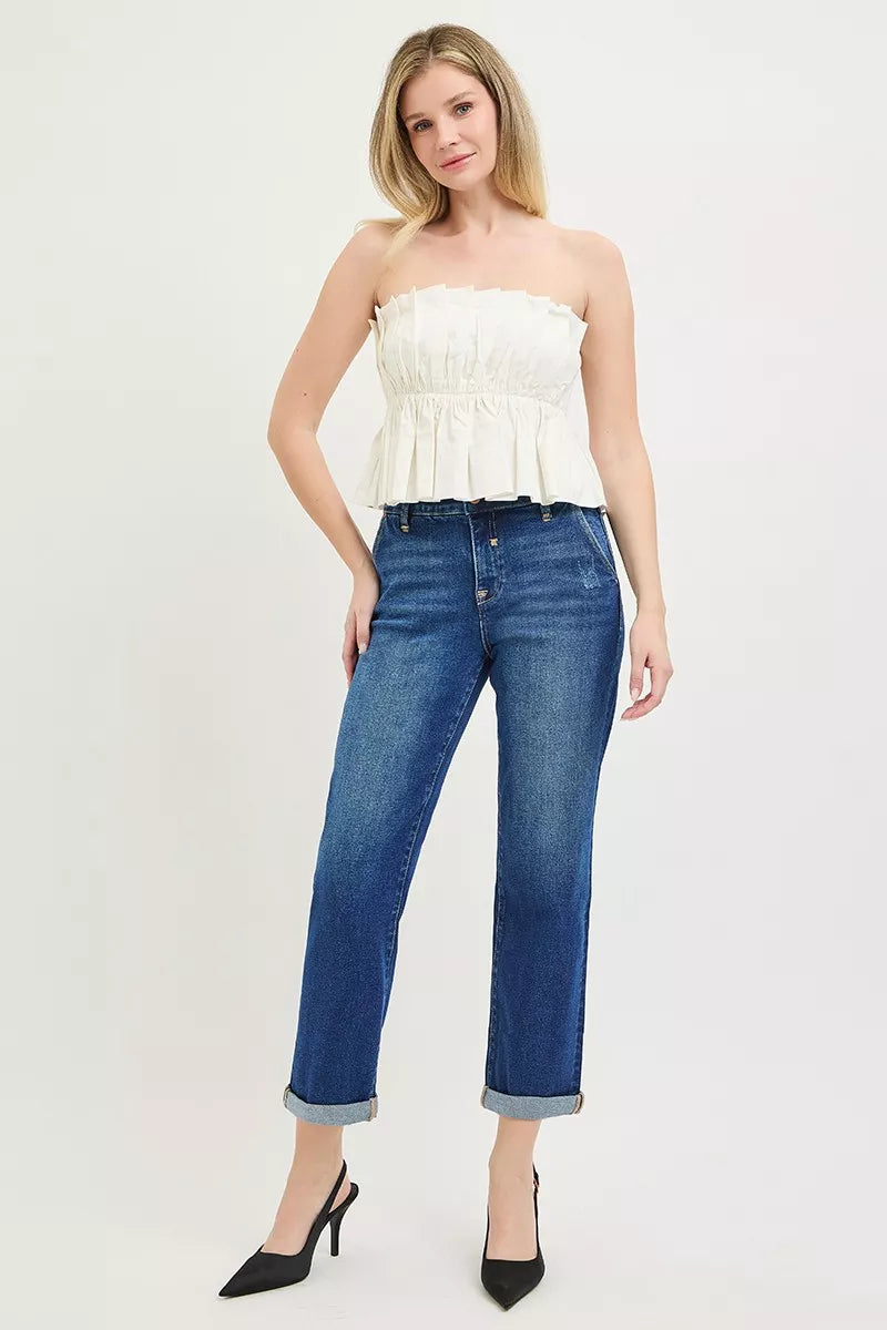 Slouchy Cropped Boyfriend Jeans with Cuffed Hem in Dark for Women