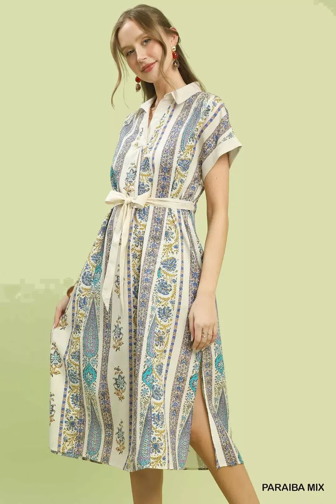 Vertical Print Tie Waist Midi Dress in Paraiba Mix for Women
