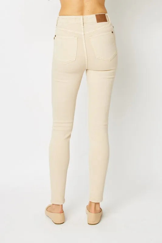 Plus Size Garment Dyed Tummy Control Skinny Jeans in Bone for Women
