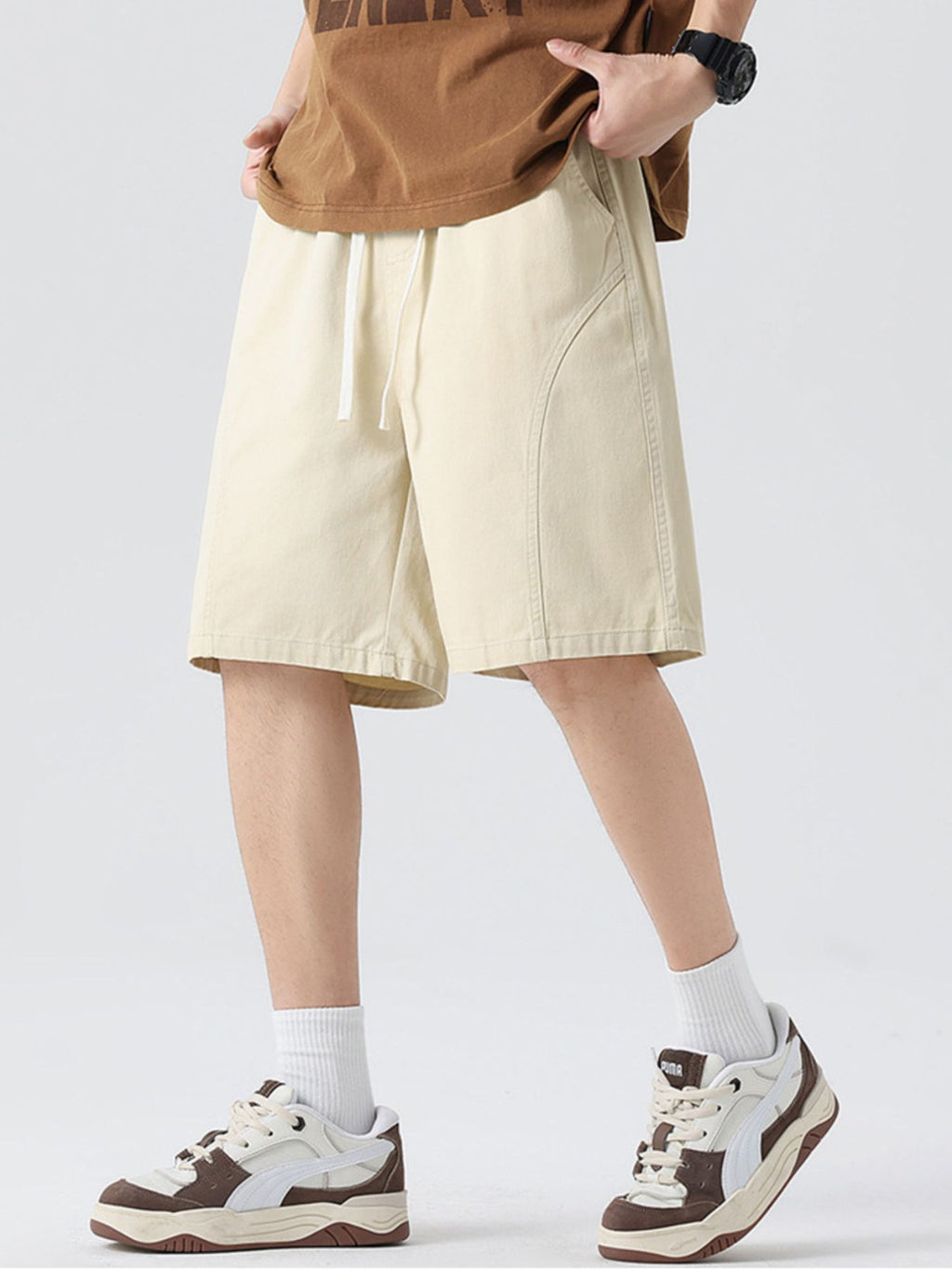 Casual Loose-Fit Drawstring Shorts Plus Size in Cream for Men