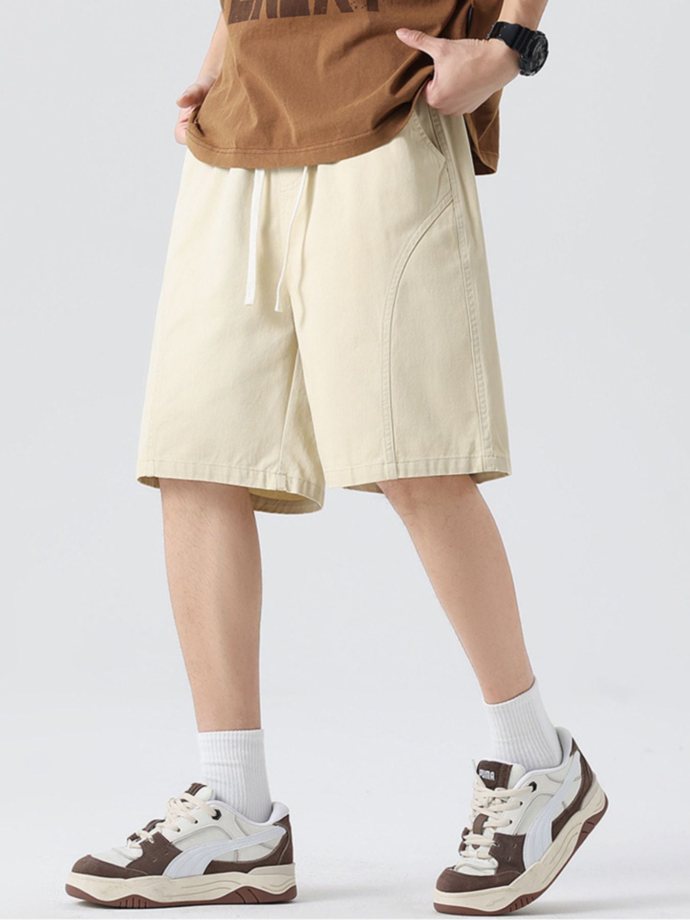 Casual Loose-Fit Drawstring Shorts Plus Size in Cream for Men