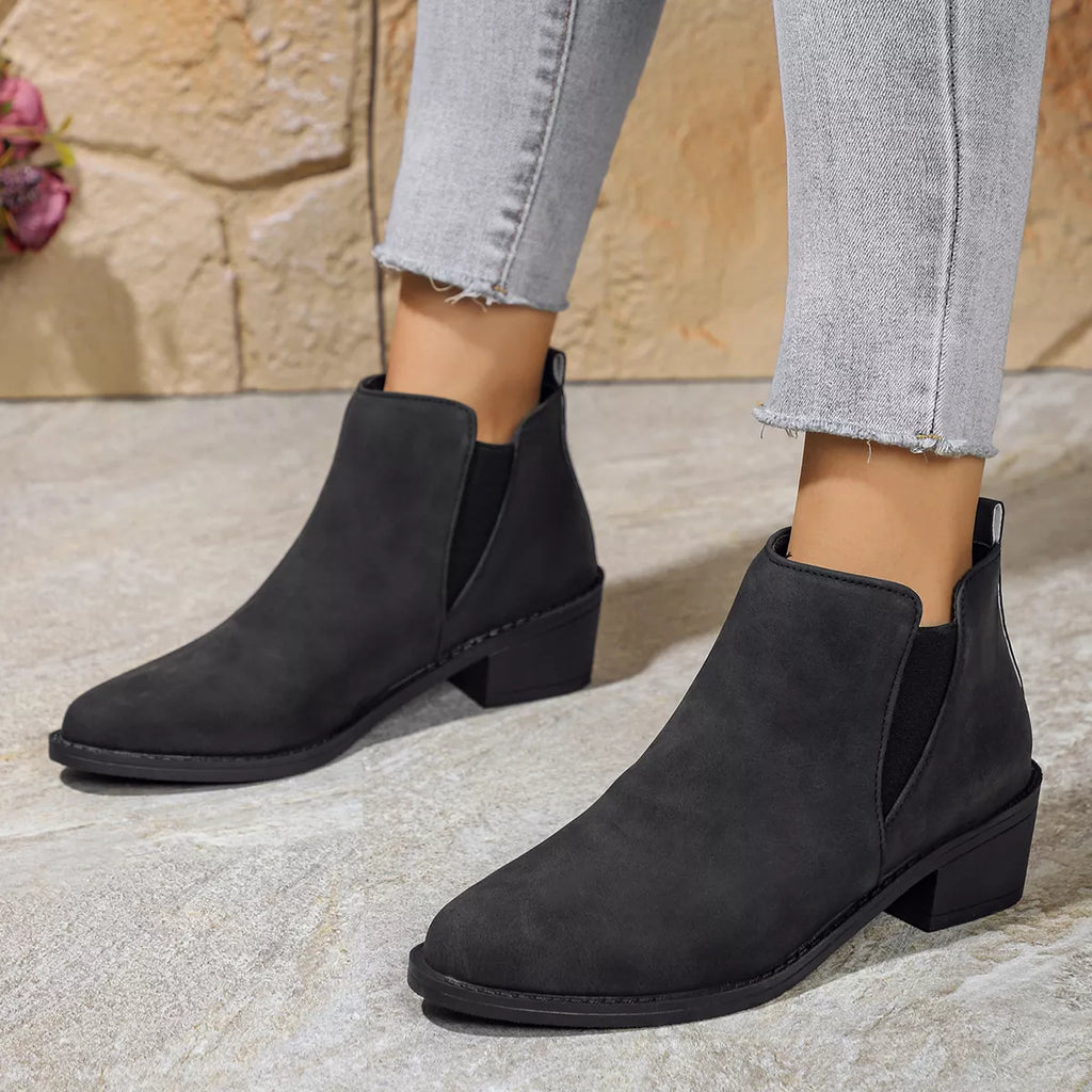 Point Toe Block Heels Ankle Boots in Black for Women