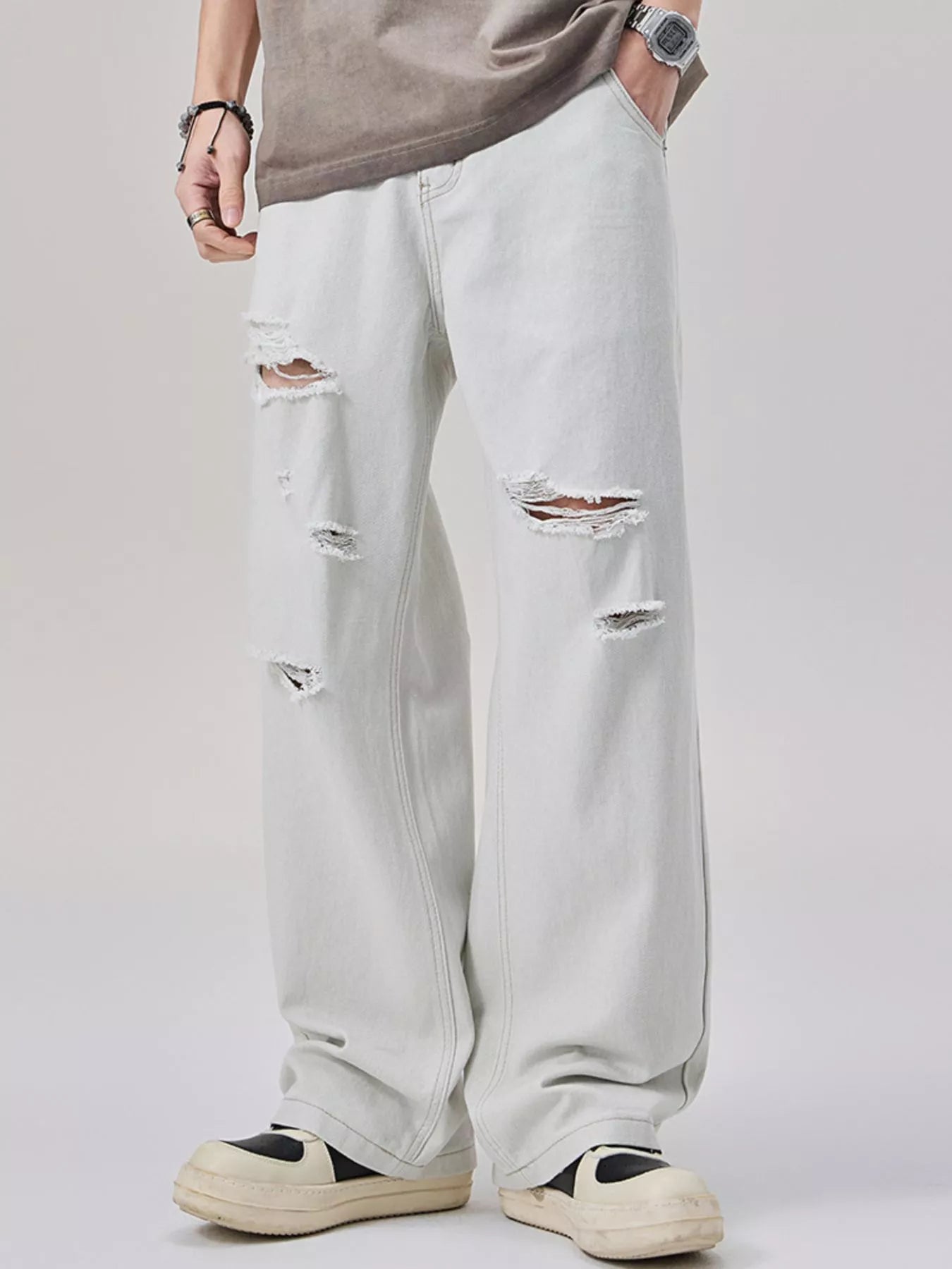 Distressed Wide Leg Jeans in Off-White for Men