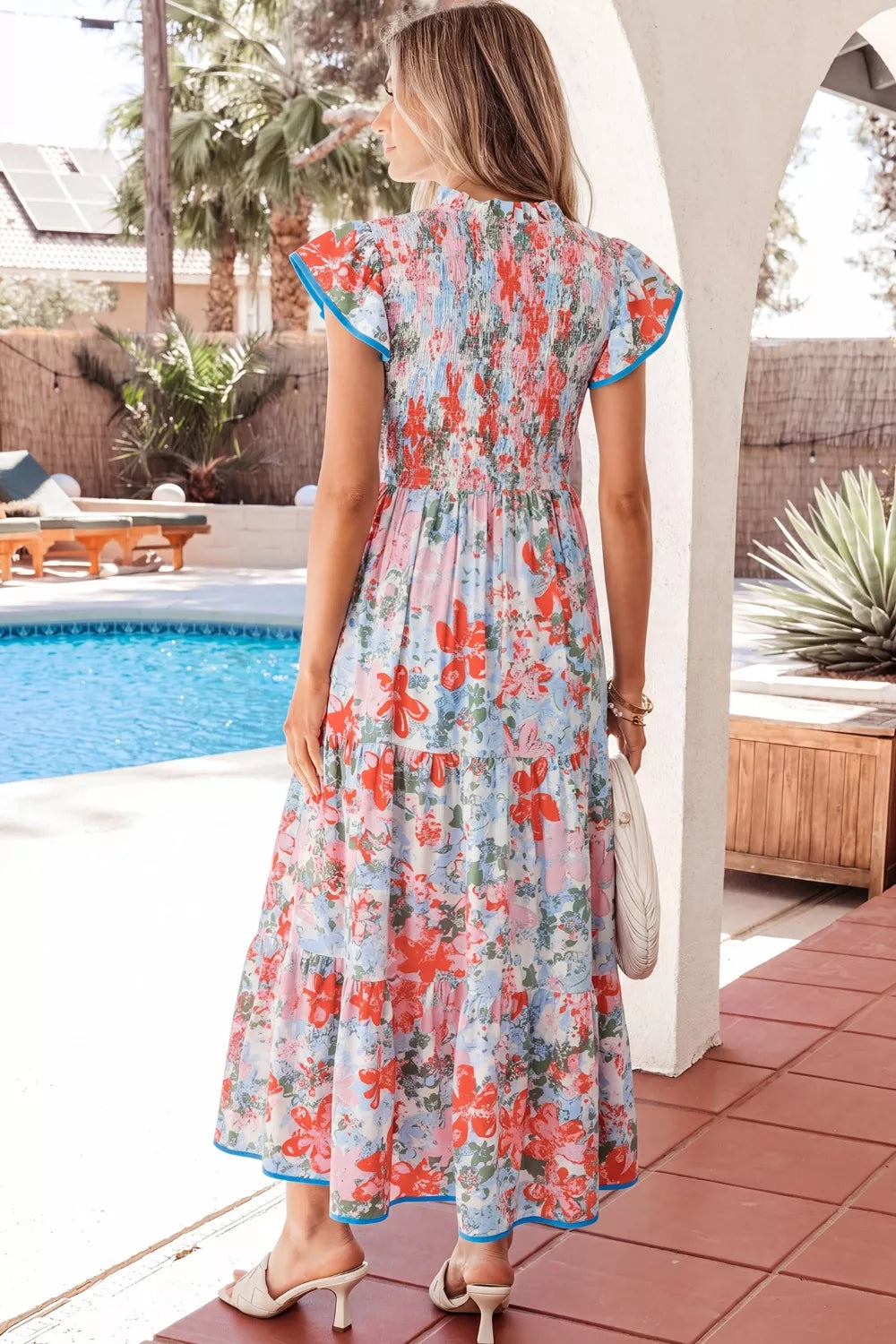 Floral Print V-Neck Contrast Trim Flutter Sleeve Long Dress in Floral for Women
