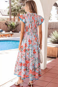 Floral Print V-Neck Contrast Trim Flutter Sleeve Long Dress in Floral for Women