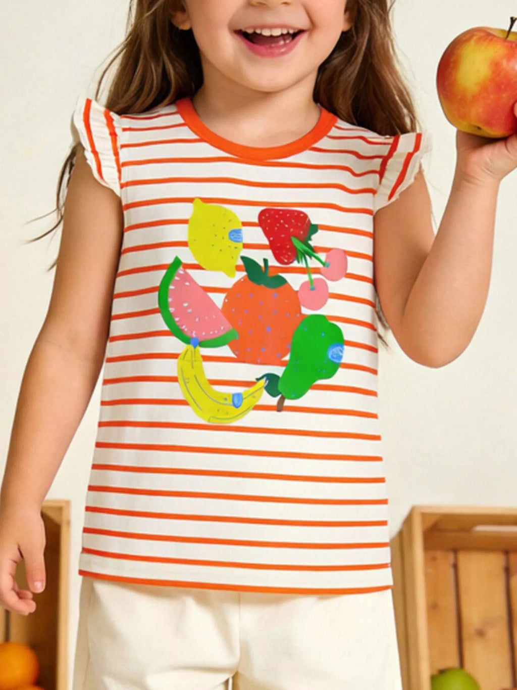 Striped Fruit Print Ruffle Sleeve Tee in Orange for Girls