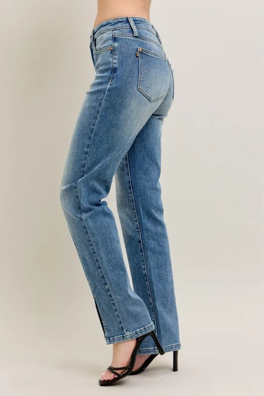 High Waist Vintage Wash Front Seam & Slit Straight Plus Size in Md for Women