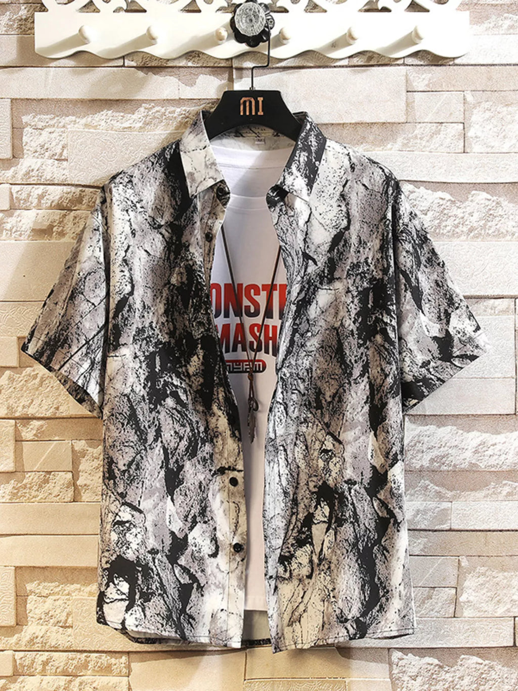 Printed Button Up Shirt and Shorts Set in Black for Men