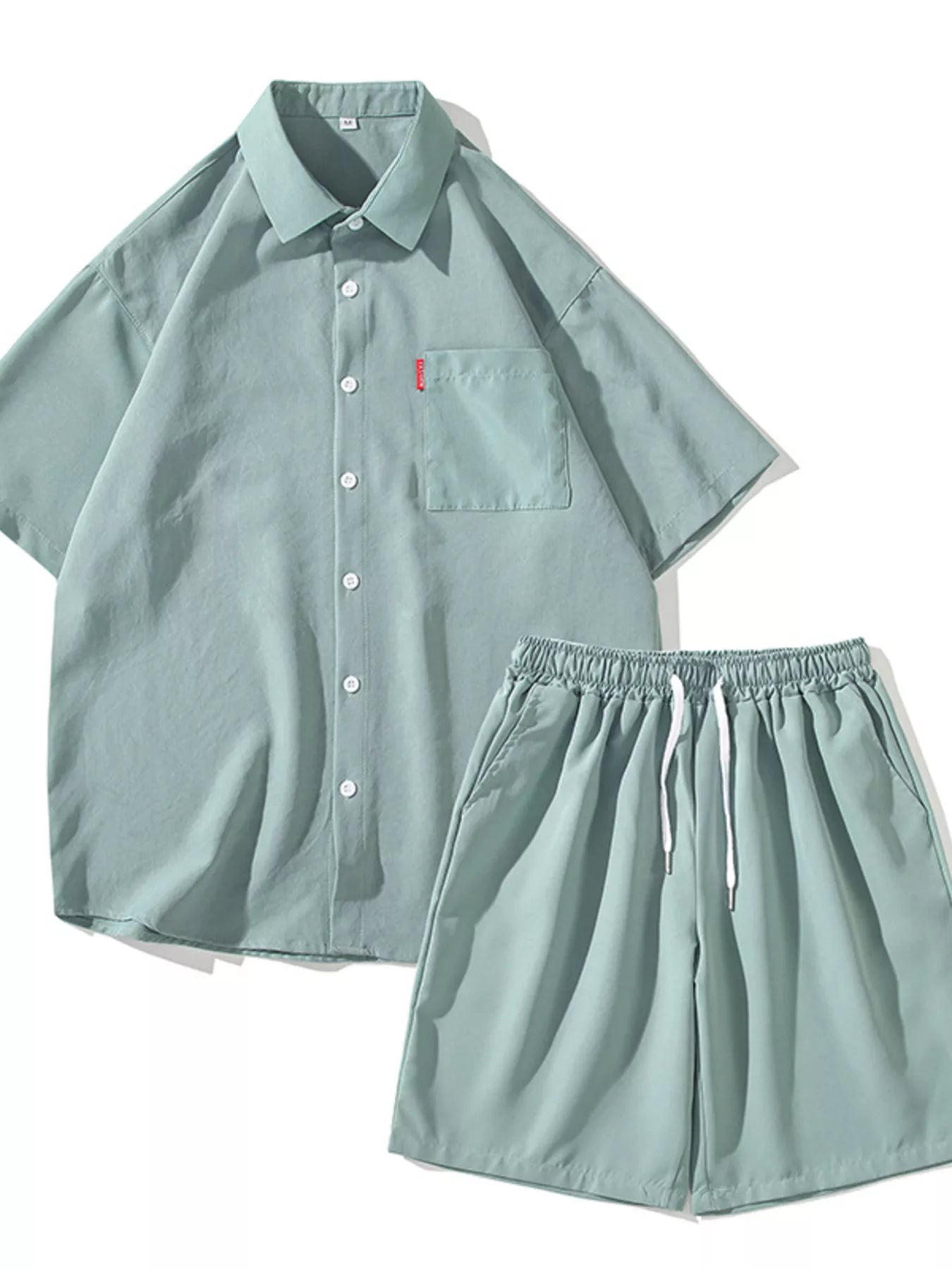 Plus Size Casual Solid Color Shirt & Shorts Set in Gray for Men
