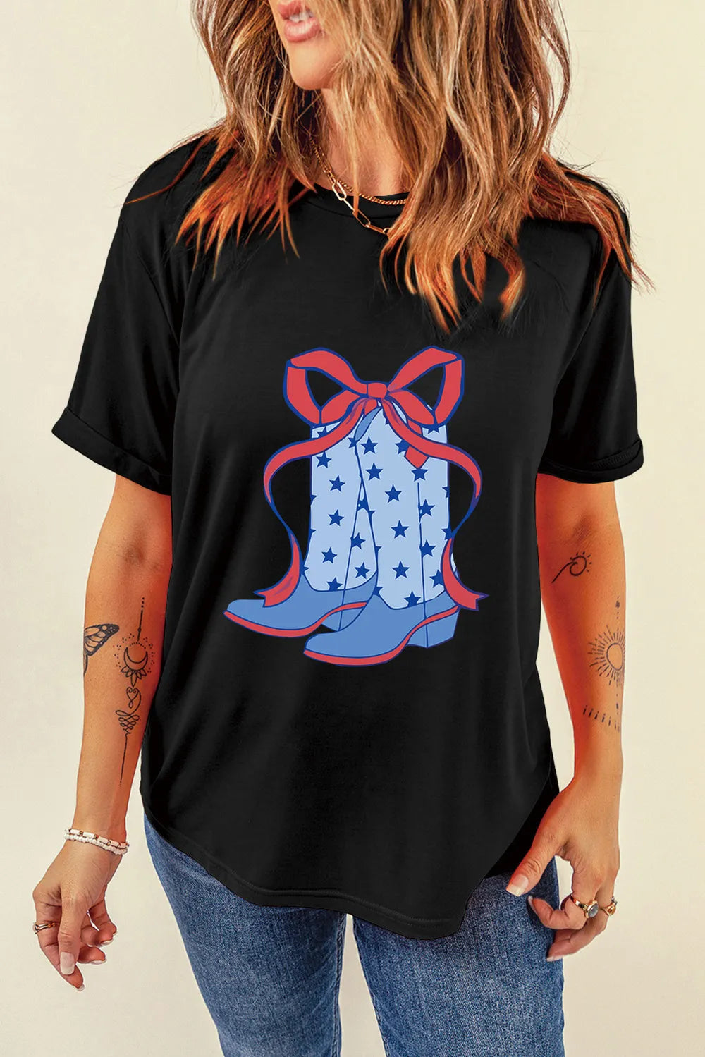 Boot Graphic Round Neck Short Sleeve T-Shirt in Black for Women