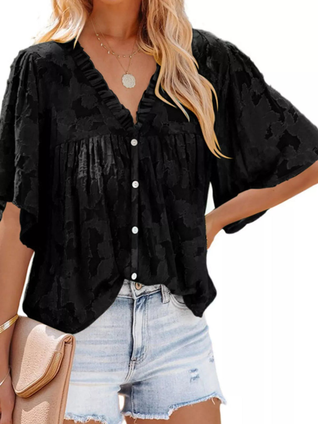 Textured V-Neck Button-Down Shirt Plus Size in Blue for Women