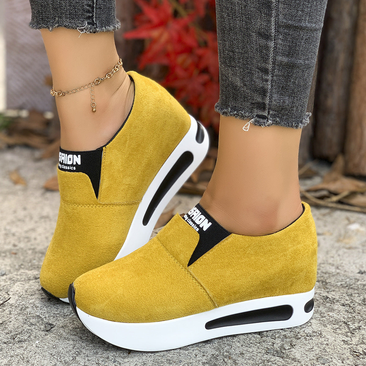 Round Toe Platform Slip-Ons in Green for Women
