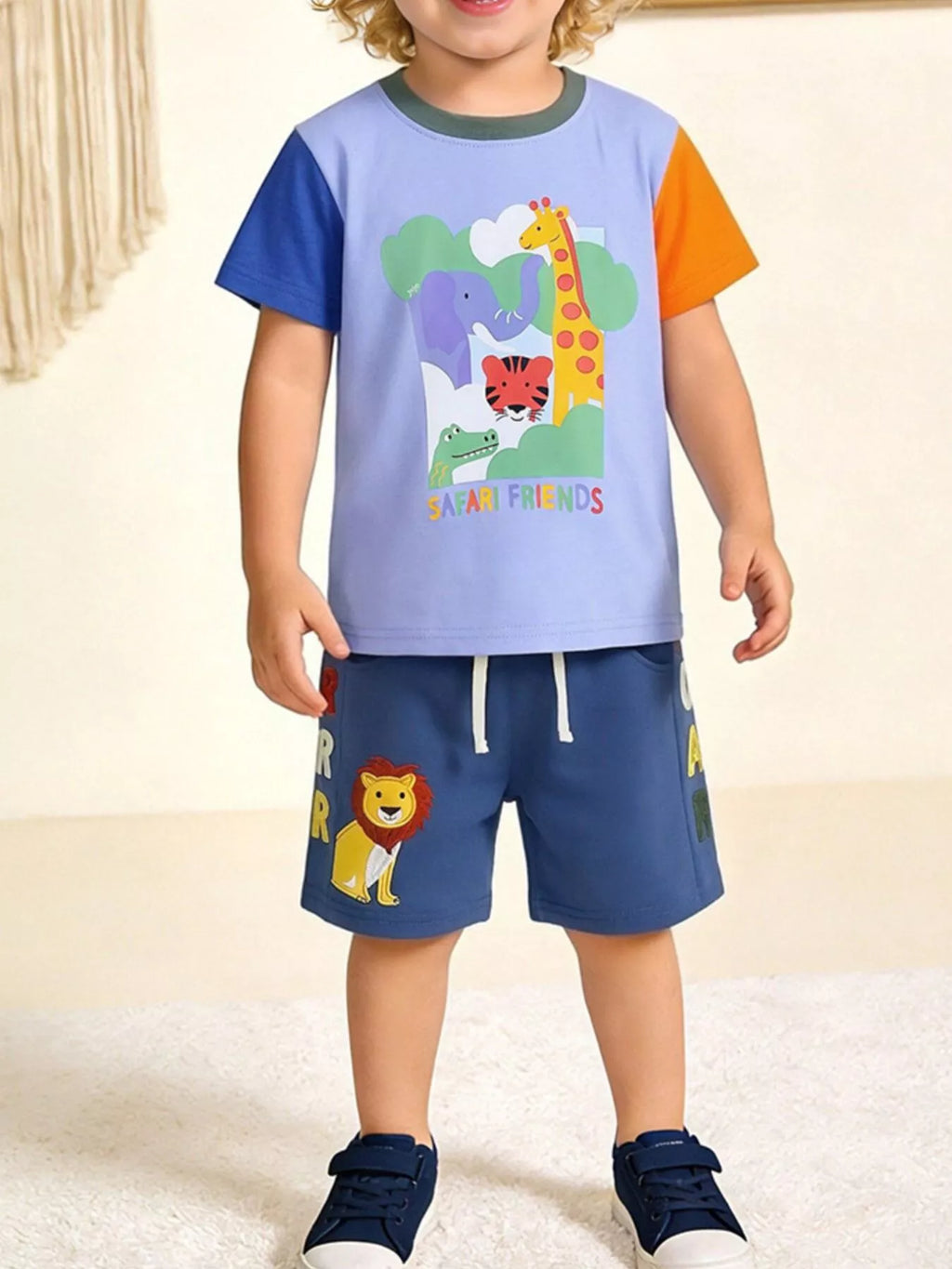 Animal Graphic Color Block Tee and Shorts Set in Multicolor for Boys