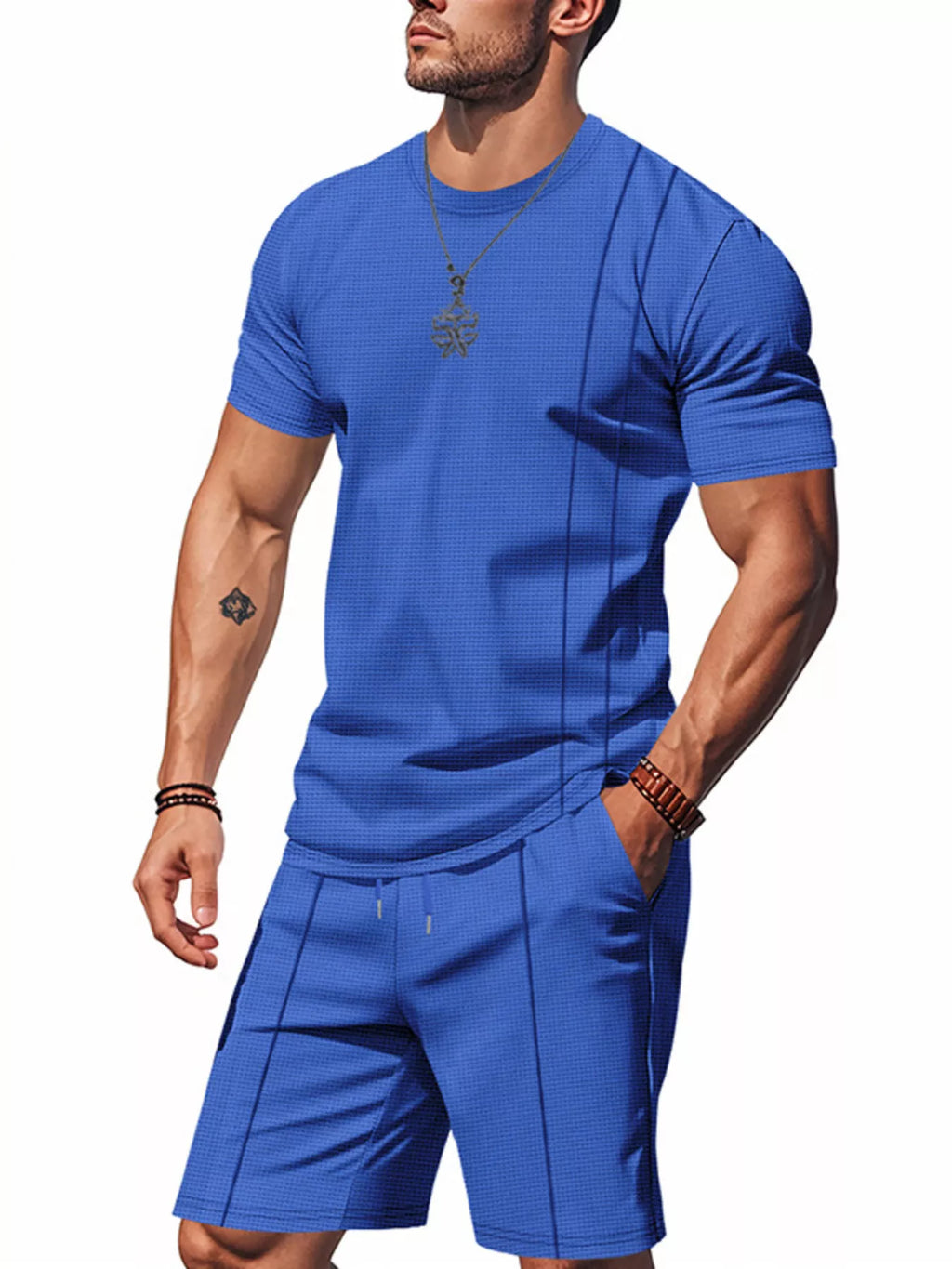 Casual Striped Short Sleeve T-Shirt and Shorts Set Plus Size in Khaki for Men