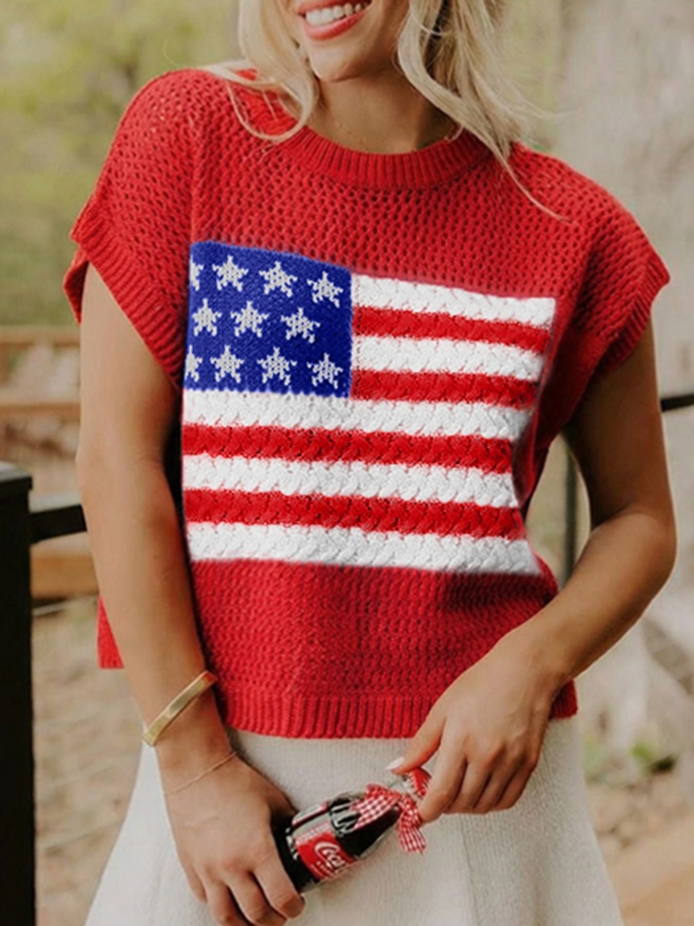 American Flag Knitted Short Sleeve Sweater in White for Women